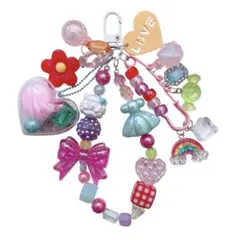 ビーズストラップ ピンクリボン スマホストラップ じゃらじゃらキーホルダー