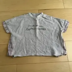 グレーとチェック　切り替えTシャツ サイズ100