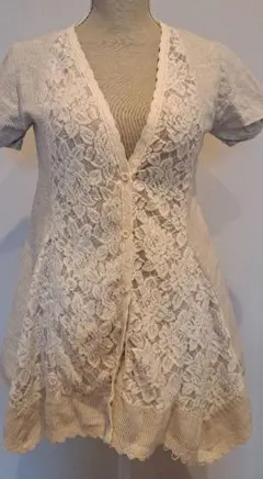 美品＊Silent Worth 大人可愛い♪フロントレース切替半袖カーディガンF