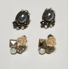 ピアス2点セット 花 リボン 黒 ピンク