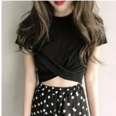 〇XL ブラック黒 ミニTシャツ ヘソ出し 夏 フロントツイスト シンプルT 3