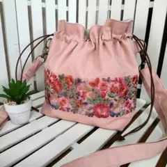 インド刺繍リボン 巾着バッグ くすみピンク