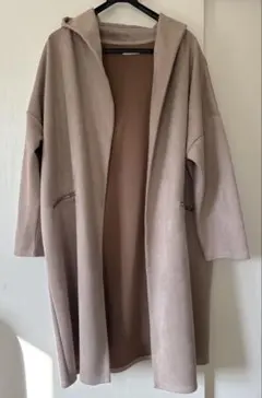 フード付きロングコートスエード風　ピンクベージュ　大きいサイズ4L