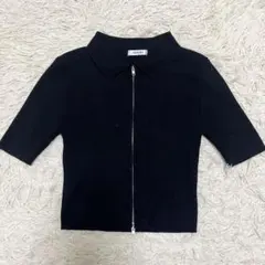 美品✨イング ジッパートップス シャツ 黒 M 半袖 ストレッチ クロップド丈