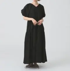beams パフスリーブvネックワンピース