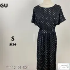 美品 GU ジーユー ドットプリントワンピース 水玉 ロング 伸縮性 黒 白