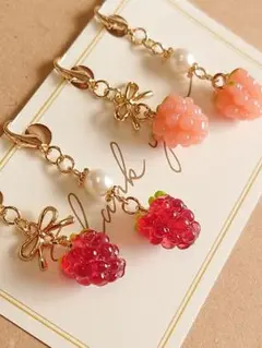 369 リボン パール ラズベリー ハンドメイドチャーム 4個 ゴールド