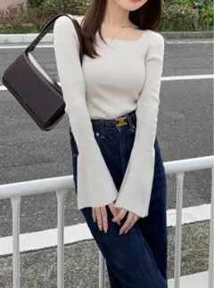 GRL トップス ホワイト スクエアネックフレアスリーブリブニット