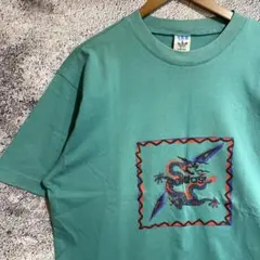 Old adidas アディダス ドラゴンプリント ターコイズ Tシャツ 横ノリ