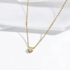 1粒 ダイヤ ネックレス サージカルステンレス CZダイヤモンド 新品 ゴールド