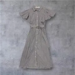 レイカズン ストライプ シャツワンピース F 紺 白 ラッフル袖 リボン ベルト
