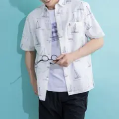 ハッシュパピー 美品 半袖 ヨット柄 シャツ 刺繍ロゴ 大人の休日　メンズ Lのサムネイル