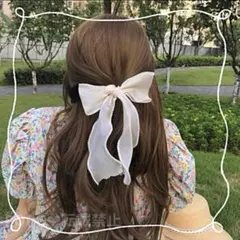 ベージュ オーガンジー リボン ヘアクリップ パール 白 量産型 韓国 秋冬