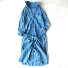 061 ポロラルフローレン リネン 麻100% シャツワンピース ブルー リボン