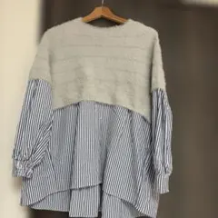 異素材ドッキング　シャギーニットベスト　ストライプシャツ