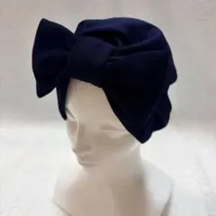 【 新品 】ターバン風医療用帽子 ネイビー リボン 医療用帽子 脱毛症