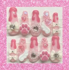 現品 ネイルチップ ピンク 肉球 ハート 量産 地雷 天使 ゴテゴテ リボン 羽