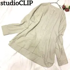 studioCLIP 千鳥柄ノーカラーシャツ　綿混　ピンタック　ブラウス