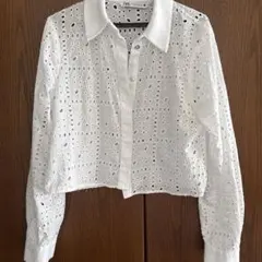 ZARA 長袖 クロップド　レースシャツ ホワイト Mのサムネイル