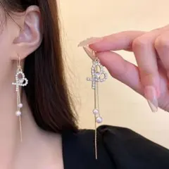 リボン ピアス 【新入荷】 パール ロング フォーマル ダイヤ 上品 フリンジ