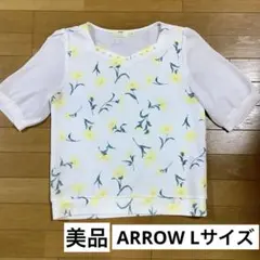 美品 ARROW お袖シフォン 半袖ブラウス ホワイト×イエロー花柄 Lサイズのサムネイル