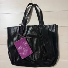 美品✨DIESEL ディーゼル トートバック 黒 光沢 本革 ポーチ付