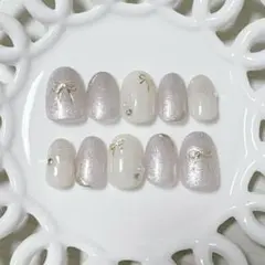 ネイルチップ ベリーショート マグネットネイル リボンネイル パープル×ホワイト