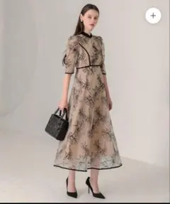 【LEJA】配色パイピングプチハイネック花柄刺繍ラメレースロング丈 s