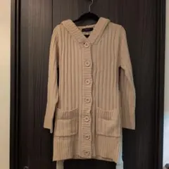 ベージュリブ編みフード付きロングカーディガン