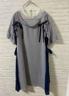 アクシーズファームポエッティック半袖ひざ丈ワンピース グレー/ネイビー