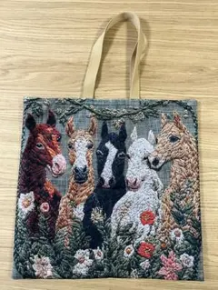 馬柄 ハンドメイド ぺたんこトートバッグ 5頭 競馬