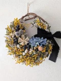 ミモザの空色リース　ミモザリース　ドライフラワーリース　ドライフラワー　ミモザ
