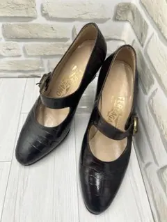 【フェラガモ】　ストラップパンプス41/2D（ 22cm相当）ブラウン型押　箱付