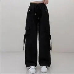 ソニョナラ バックル カーゴ ワイドバンディングパンツ ブラック 韓国