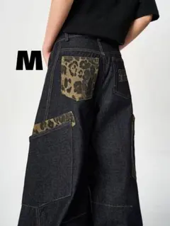 デニム　レオパード柄　アクセントポケット　カーブパンツ　ワイドパンツ　ストリート