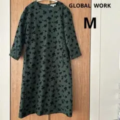 グローバルワーク　七分袖花柄ワンピース　グリーン　フォーマル　M