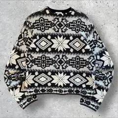 vintage ニット 総柄 ノルディック柄 ブラック×ホワイト 古着