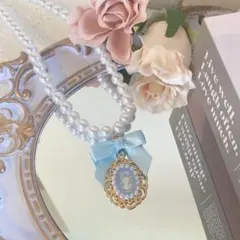 カメオのパールネックレス(ブルー)