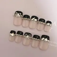 【design158】韓国 ワンホンブラックフレンチネイルチップ