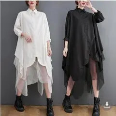 【ラス１黒】大きいサイズ　レディース　秋冬　シャツ　ワンピース　アシメ　長袖