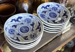 和食器 瀬戸焼 中島製 染付印判手草花文皿 五客 明治期 時代箱 V R9711