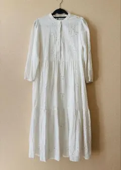 ZARA コットンレース　ティアード　ロングワンピース　L