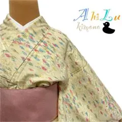 【F738】洗える着物 小紋 ポリエステル 袷 クリーム色 対象身長～158cm