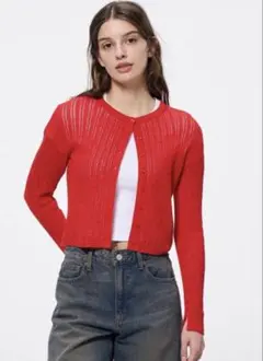 GU ジーユー ブークレ透かし編みカーディガン レッド 赤 XLサイズ