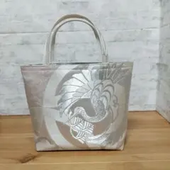 帯リメイクバッグ鶴シルバーピンク　ややくすみあり
