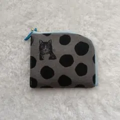 ドット猫さんグレー❦L字ファスナーミニ財布❦ハンドメイド