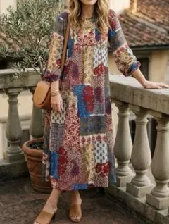 ZARAペイズリーパッチワークワンピース 総柄 派手 花柄 ロング 総柄　XS