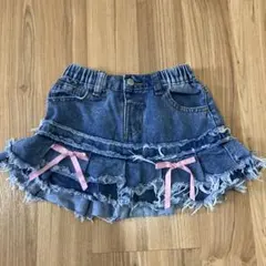 【shin】デニムフリルスカート ピンクリボン付き