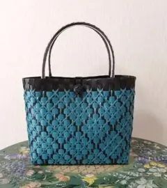 PPバンドバック、プラカゴ、かごバック、エコバッグ、　ブラック✕青碧