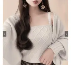 ボリュームスリーブカーディガンXケーブル編みキャミソールニット[an1217]